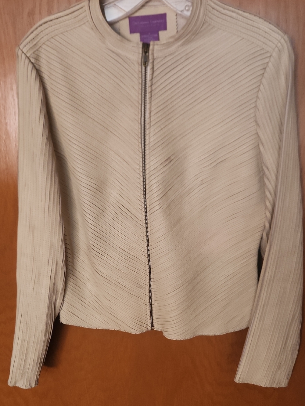 Suzanne Somers Cream Zip-Front Ribbed Leather Jacket